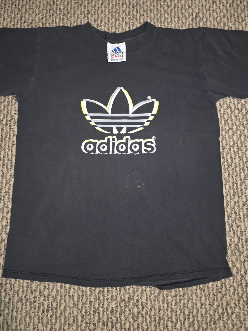 Vintage 1990's adidas Black Short-Sleeve Trefoil Logo Tee with Yellow Accent